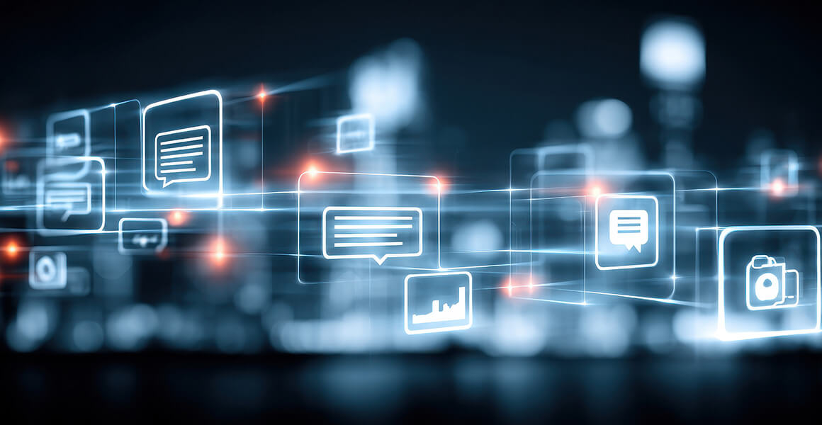 Abstract visualization of connected documents and messages, representing contextual information access through search and AI.